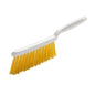Ein HANDBESEN, PBT gelb ø 0,25mm weich (280x15x50 mm) der Haug Bürsten KG mit weißem Griff und gelben weichen Borsten ist schräg vor weißem Hintergrund abgebildet, wobei der Griff und die Borstenseite zu sehen sind.