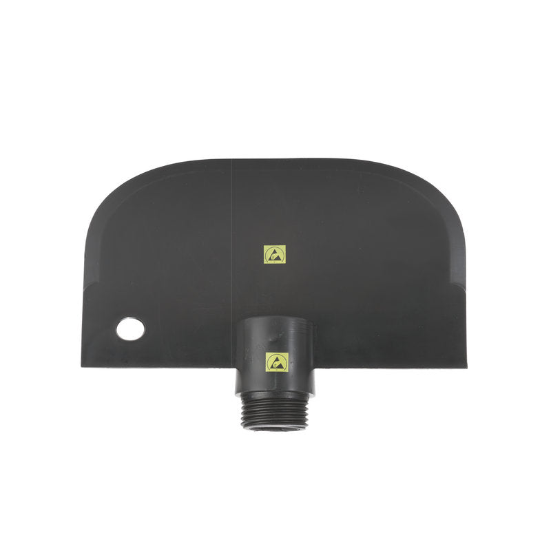 Der ESD SCHABER GROß von Haug Bürsten KG ist ein schwarzer ESD-sicherer PP-Werkzeugkopf mit breiter, flacher Klinge, Adapter für IN-UP, unterem Mittelgewindeanschluss, linksseitiger Bohrung und zwei Warnsymbolen auf der Vorderseite.