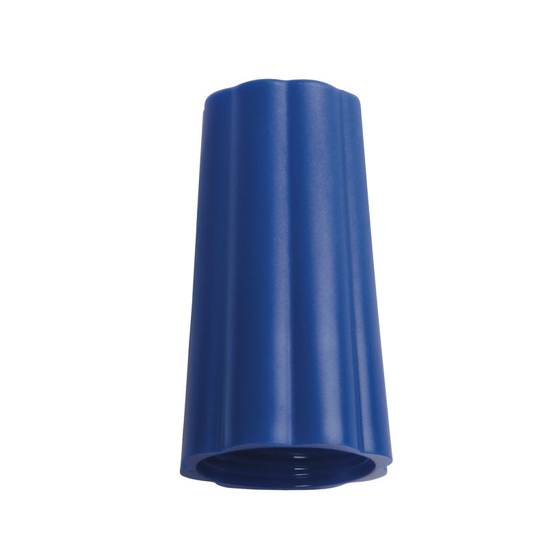 Ein blauer Kunststoffverbinder mit einer gerippten, konischen Form und einem hohlen Boden, ähnlich dem Haug Bürsten KG ÜBERWURFMUTTER AUßEN-ø 25MM BLAU(BENETTON) 74Xø 42MM.