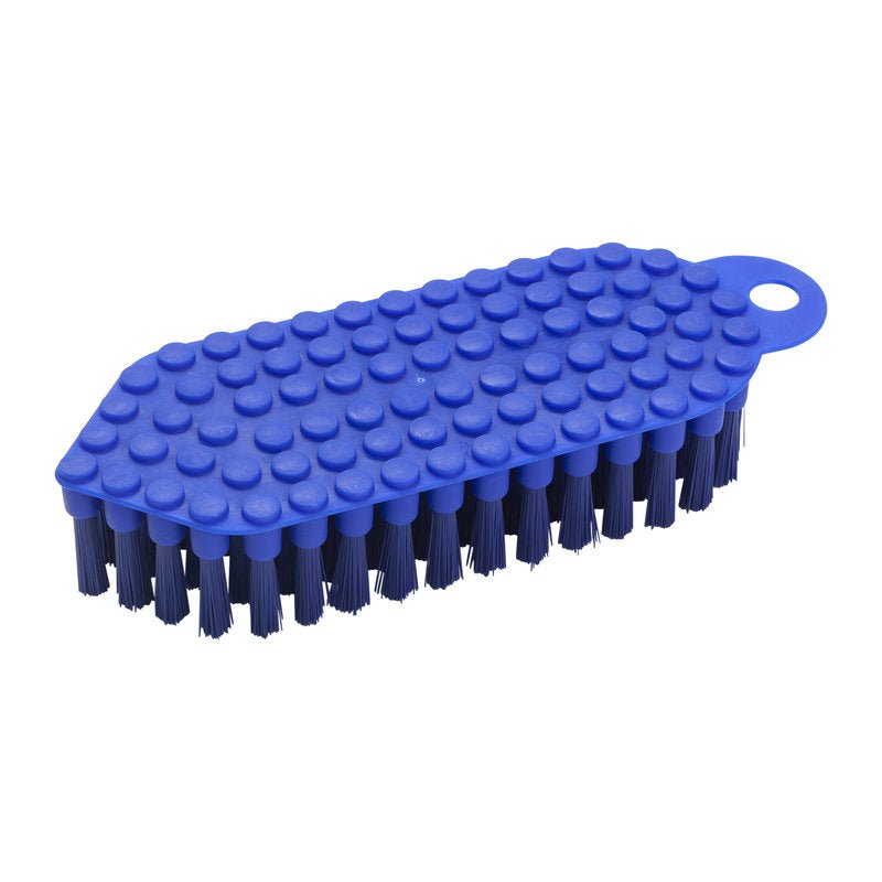 Η μπλε FLEXO-ΒΟΥΡΤΣΑ (ø 0,35MM ΜΕΣΑΙΑ, 190x70x25 mm) της Haug Bürsten KG έχει μια δομημένη λαβή με τρύπα για κρέμασμα και σκληρές τρίχες, απεικονίζεται σε λευκό φόντο.