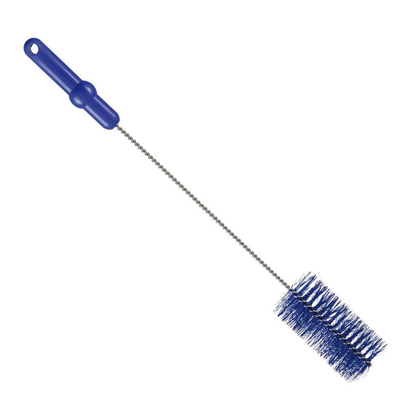 Η ΒΟΥΡΤΣΑ ΣΩΛΗΝΩΝ, ø 0,50MM ΜΕΣΑΙΑ 500Xø 60MM από την Haug Bürsten KG έχει μπλε πλαστική λαβή, μακρύ μεταλλικό στέλεχος και μπλε κυλινδρικές τρίχες - ιδανική για τον καθαρισμό σωλήνων - με λευκό φόντο.