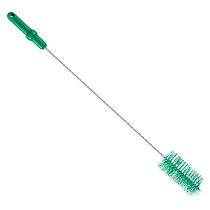 Η Haug Bürsten KG ROHRBÜRSTE, ø 0,50MM MITTEL 700Xø 60MM διαθέτει πράσινη πλαστική λαβή, στριμμένο μεταλλικό στέλεχος και πυκνές πράσινες τρίχες για τον καθαρισμό σωλήνων, που απεικονίζονται σε λευκό φόντο.