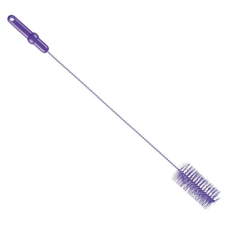 Η ROHRBÜRSTE ø 0,50MM MITTEL 700Xø60MM από Haug Bürsten KG είναι μια μακριά, στενή βούρτσα με μοβ πλαστική λαβή και κυλινδρικές τρίχες, ιδανική για τον καθαρισμό σωλήνων, απεικονίζεται σε λευκό φόντο.