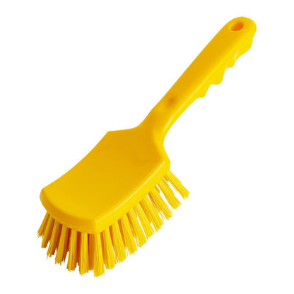 Η Haug Bürsten KG ΣΚΟΥΠΑ ΜΕ ΚΟΝΤΑΡΙ, ø 0,50MM ΣΚΛΗΡΗ (260x72x35mm), είναι μια κίτρινη πλαστική βούρτσα καθαρισμού με ανθεκτικές τρίχες, εργονομική λαβή για τα δάχτυλα και τρύπα για κρέμασμα.