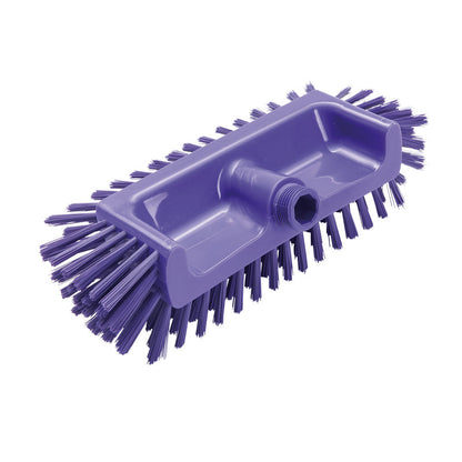 Der ECKENSCHRUBBER ø0,50MM MITTEL von Haug Bürsten KG (320x125x40-50mm) ist ein violetter eckiger Schrubber mit festen Kantenborsten und zentralem Gewindeloch - ideal zur Reinigung schwer erreichbarer Ecken. Foto vor weißem Hintergrund.