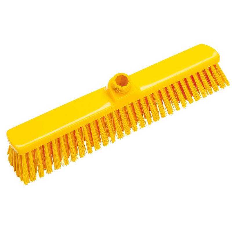 Η ΣΚΟΥΠΑ ΜΕΓΑΛΟΥ ΧΩΡΟΥ 400x60x50mm από την Haug Bürsten KG είναι μια κίτρινη πλαστική σκούπα με σκληρές τρίχες και μια κεντρική τρύπα για τη στερέωση του κονταριού, ιδανική για τον καθαρισμό μεγάλων επιφανειών. Απεικονίζεται σε λευκό φόντο.