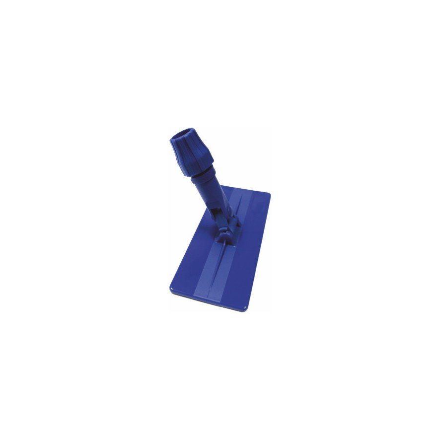 Η Arcora Handpadhalter Mit Stielhaltergelenk από την Arcora International GmbH είναι μια μπλε, ορθογώνια πλαστική βάση για τον καθαρισμό κτιρίων, με ρυθμιζόμενη γωνιακή σύνδεση, απεικονισμένη σε λευκό φόντο. Πωλείται σε κουτιά των 50 τεμαχίων.