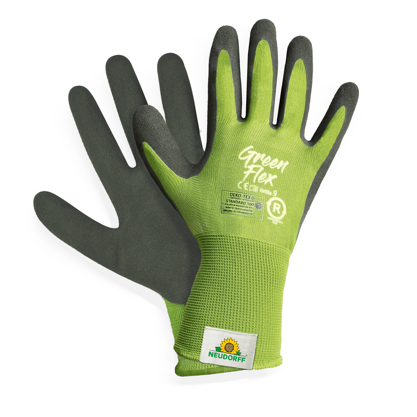 Ένα ζευγάρι βιώσιμα γάντια KIXX Green Flex από το Neudorff Shop σε πράσινο και μαύρο, με ένα λογότυπο ήλιου και φυτών στον καρπό, απεικονισμένα σε λευκό φόντο.