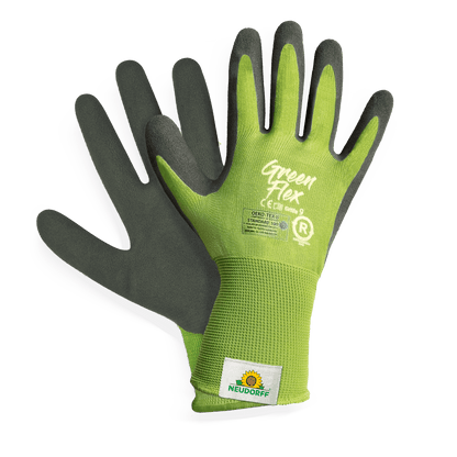 Ένα ζευγάρι βιώσιμα γάντια KIXX Green Flex από το Neudorff Shop σε πράσινο και μαύρο, με ένα λογότυπο ήλιου και φυτών στον καρπό, απεικονισμένα σε λευκό φόντο.