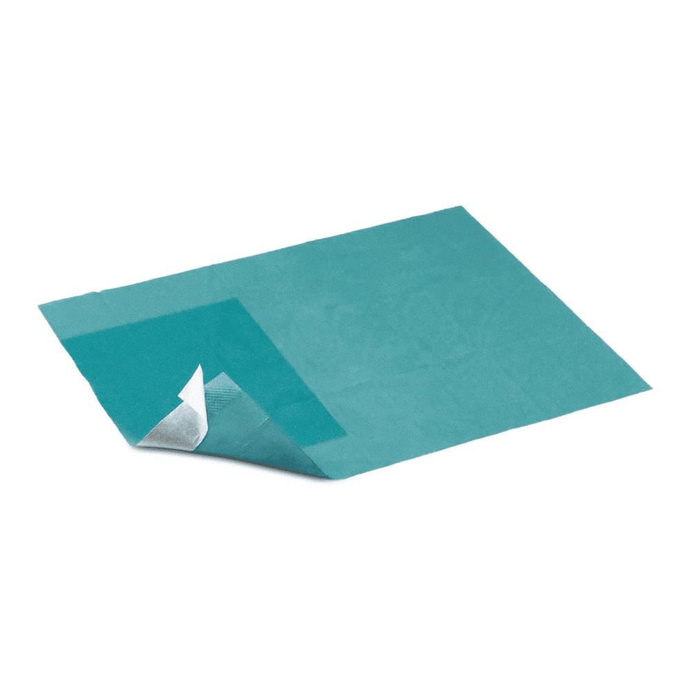 Ένα μεμονωμένο αποστειρωμένο κάλυμμα Hartmann Foliodrape® αυτοκόλλητο 50x50 cm της Paul Hartmann AG έχει μια γωνία τραβηγμένη, έτσι ώστε να είναι ορατή η λευκή πίσω πλευρά. Το κάλυμμα είναι τοποθετημένο σε λευκό φόντο. Συσκευασία: 90 τεμάχια.