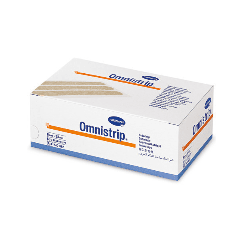 Ένα άσπρο ορθογώνιο κουτί με την επιγραφή "Εκπτωτικό προϊόν: Hartmann Omnistrip 6x38mm, 1x6Τεμ, P50 | Συσκευασία (300 τεμάχια)" της Paul Hartmann AG, με μπλε και πορτοκαλί λεπτομέρειες, δείχνει γερμανικές πληροφορίες και μια εικόνα με αυτοκόλλητες ταινίες στην κορυφή.