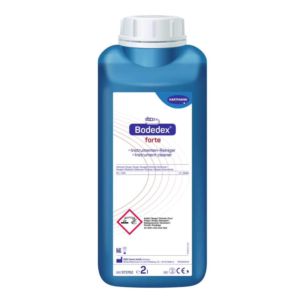 Φιάλη Hartmann Bodedex® forte, ένα καθαριστικό οργάνων με λευκή-μοβ ετικέτα. Στην ετικέτα υπάρχουν οδηγίες χρήσης και σύμβολα κινδύνου. Η χωρητικότητα του δοχείου είναι 2 λίτρα.