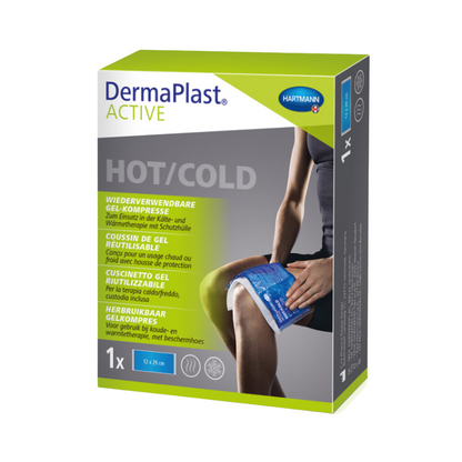 Συσκευασία του Hartmann DermaPlast® ACTIVE Hot/Cold, Gel-Kompress από την Paul Hartmann AG, με μια εικόνα ενός ατόμου που τοποθετεί την κομπρέσα στον μηρό του. Το κουτί περιέχει κείμενο σε πολλές γλώσσες, που τονίζει