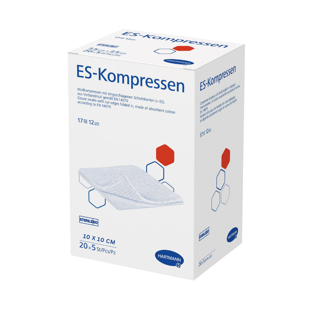 Ένα κουτί Hartmann ES-Kompressen 10 x 10 cm, 12-πτυχές, αποστειρωμένη ιατρική γάζα από την Paul Hartmann AG, με κείμενο και γραφικά σε μπλε και κόκκινο πάνω σε λευκό φόντο, με πληροφορίες προϊόντος που περιλαμβάνουν το μέγεθος (10 x 10 cm).