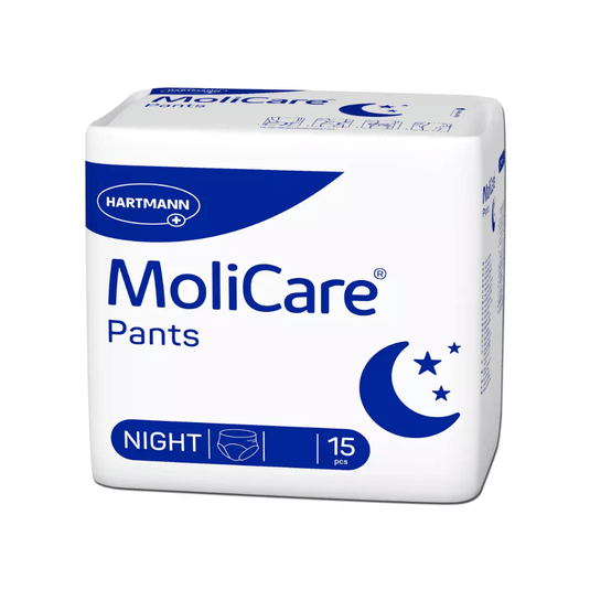 Τα παντελόνια ακράτειας Hartmann MoliCare Pants Night της Paul Hartmann AG διατίθενται σε μια διακριτική λευκό-μπλε συσκευασία με μισοφέγγαρα και αστέρια, καθώς και με την εντυπωσιακή επιγραφή «Night». Έχουν σχεδιαστεί για την ακράτεια της ουροδόχου κύστης, προσφέρουν διακριτική προστασία και περιέχουν 15 τεμάχια ανά συσκευασία.