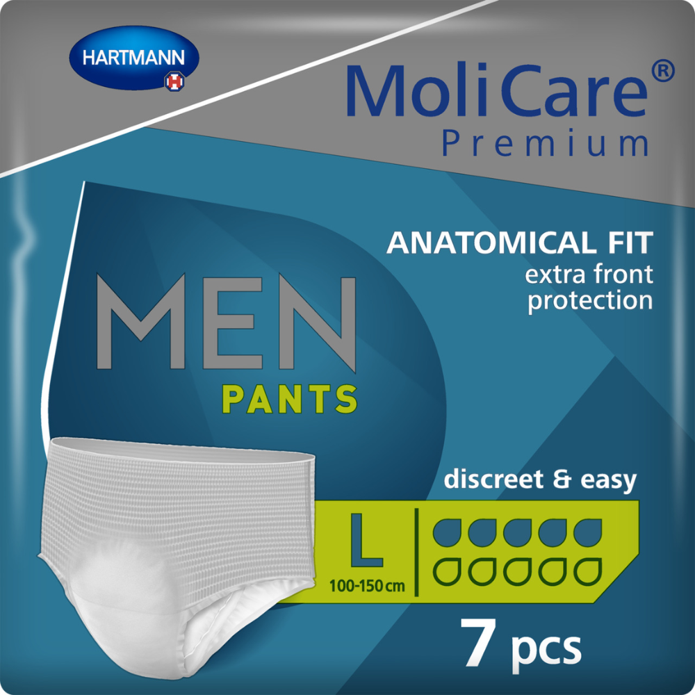 Συσκευασία του MoliCare Premium Men Pants 5 Tropfen από την Paul Hartmann AG, σχεδιασμένη για ελαφριά ακράτεια, στο μέγεθος Large με 7 κομμάτια, με έμφαση στην επιπλέον προστασία μπροστά και διακριτική, απλή εφαρμογή. Η συσκευασία δείχνει μια εικόνα προϊόντος και τονίζει την ανατομική εφαρμογή.