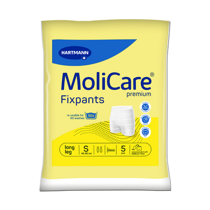 Μια κίτρινη/λευκή συσκευασία MoliCare® Fixpants Netzhose της Paul Hartmann AG, μέγεθος S (45–80 cm μέση), μακρύ πόδι, 5 επαναχρησιμοποιήσιμα κομμάτια (έως 50 πλύσεις), ιδανική για στερέωση επιθεμάτων ακράτειας. Εικόνα προϊόντος στην μπροστινή πλευρά.