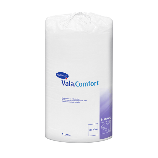Ένα σφραγισμένο λευκό ρολό κουβερτών Hartmann Vala®Comfort της Paul Hartmann AG, απεικονισμένο σε λευκό φόντο. Η ετικέτα αναγράφει τις λεπτομέρειες του προϊόντος και τις διαστάσεις (155 x 210 εκ.).