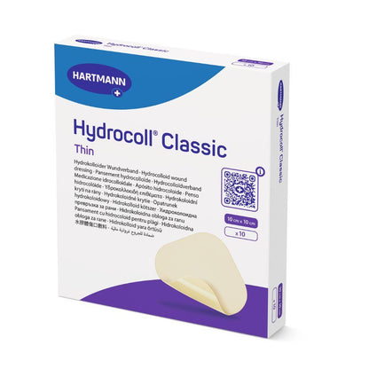 Ένα πακέτο Hartmann Hydrocoll® Classic Thin αποστειρωμένο επίδεσμο, σφραγισμένο ξεχωριστά από την Paul Hartmann AG περιέχει 10 τεμάχια (10 cm x 10 cm) με το λογότυπο της μάρκας και μια μερική εικόνα ενός μπεζ επιδέσμου για υγρή θεραπεία πληγών.