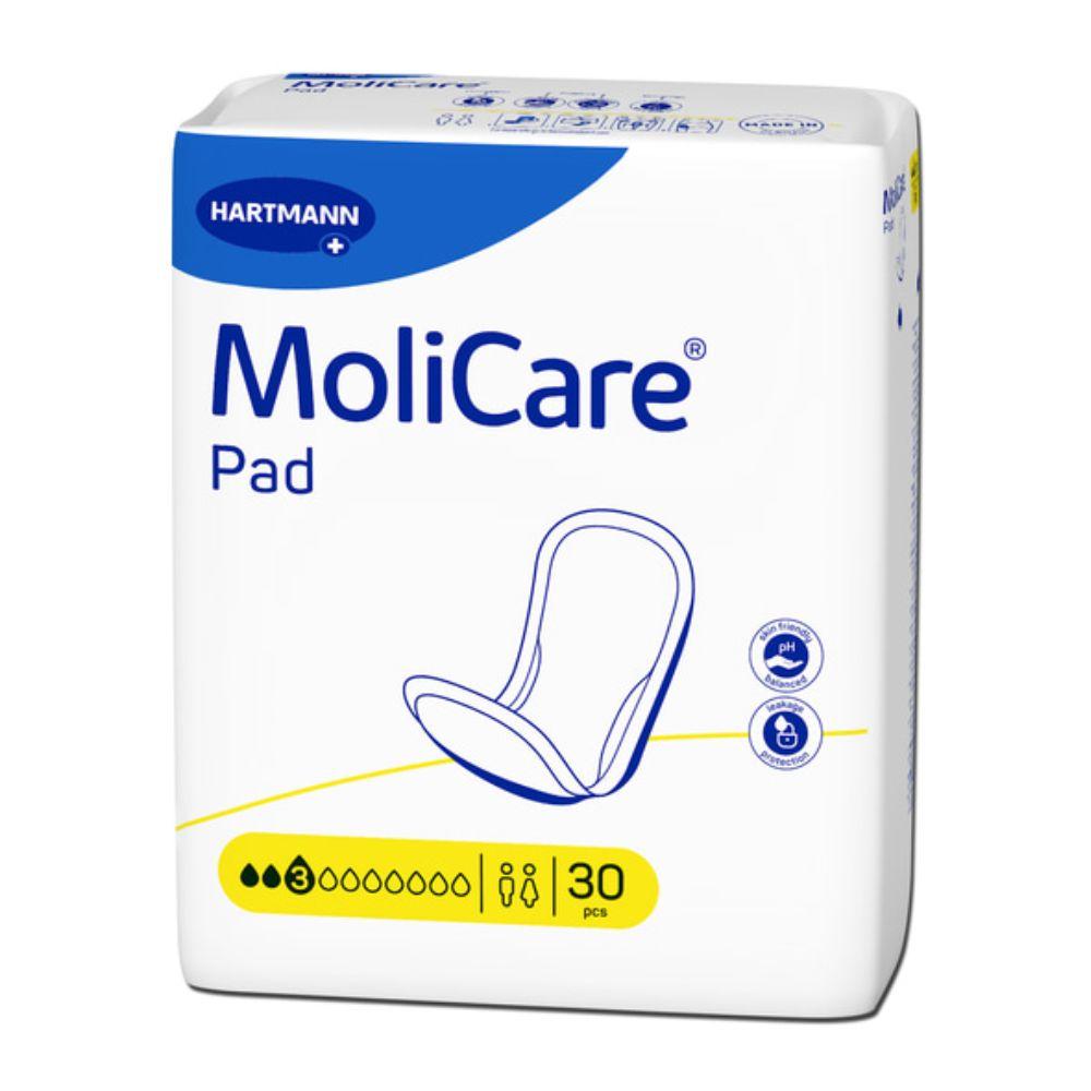 Μία συσκευασία των 30 τεμαχίων Hartmann MoliCare® Pad για ακράτεια από την Paul Hartmann AG με πυρήνα απορρόφησης και απορροφητικότητα 3 (τρία μαύρα σταγόνες). Η λευκή συσκευασία είναι διακοσμημένη με μπλε-κίτρινες πινελιές και σύμβολα Unisex.