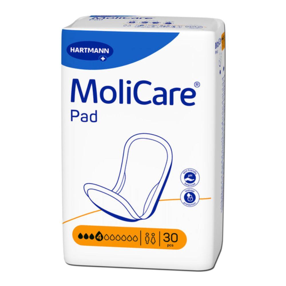 Μία συσκευασία με 30 τεμάχια Hartmann MoliCare® Pad για ακράτεια από την Paul Hartmann AG κατά της αδυναμίας της κύστης. Η λευκή συσκευασία με μπλε/κίτρινες πινελιές δείχνει στο μπροστινό μέρος το όνομα του προϊόντος, την απορροφητικότητα και τα σύμβολα λειτουργίας.