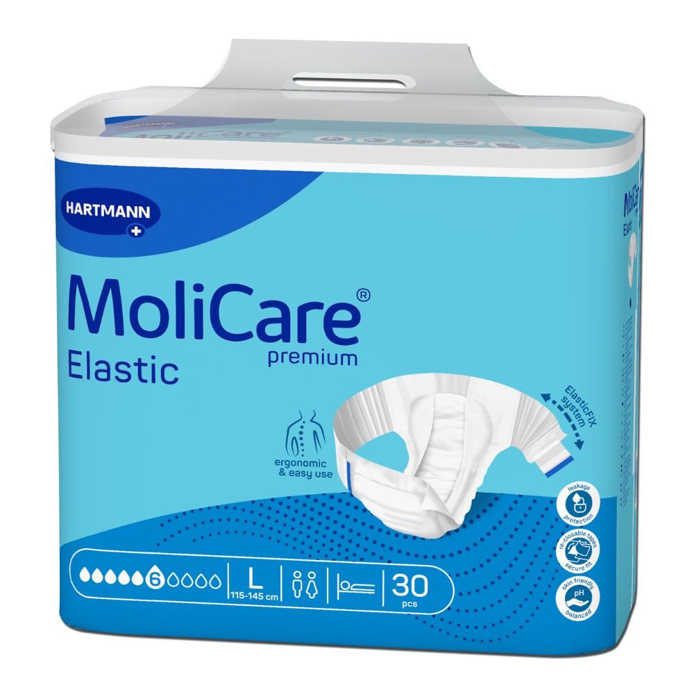 Οι πάνες για ενήλικες Hartmann MoliCare® Premium Elastic της Paul Hartmann AG, κατάλληλες για ακράτεια ούρων και κοπράνων, διατίθενται σε μπλε συσκευασία με λευκές λεπτομέρειες και ξεχωρίζουν χάρη σε χαρακτηριστικά όπως το μέγεθος Large (115-145 cm), τα 30 τεμάχια ανά συσκευασία και τον εργονομικό σχεδιασμό τους.