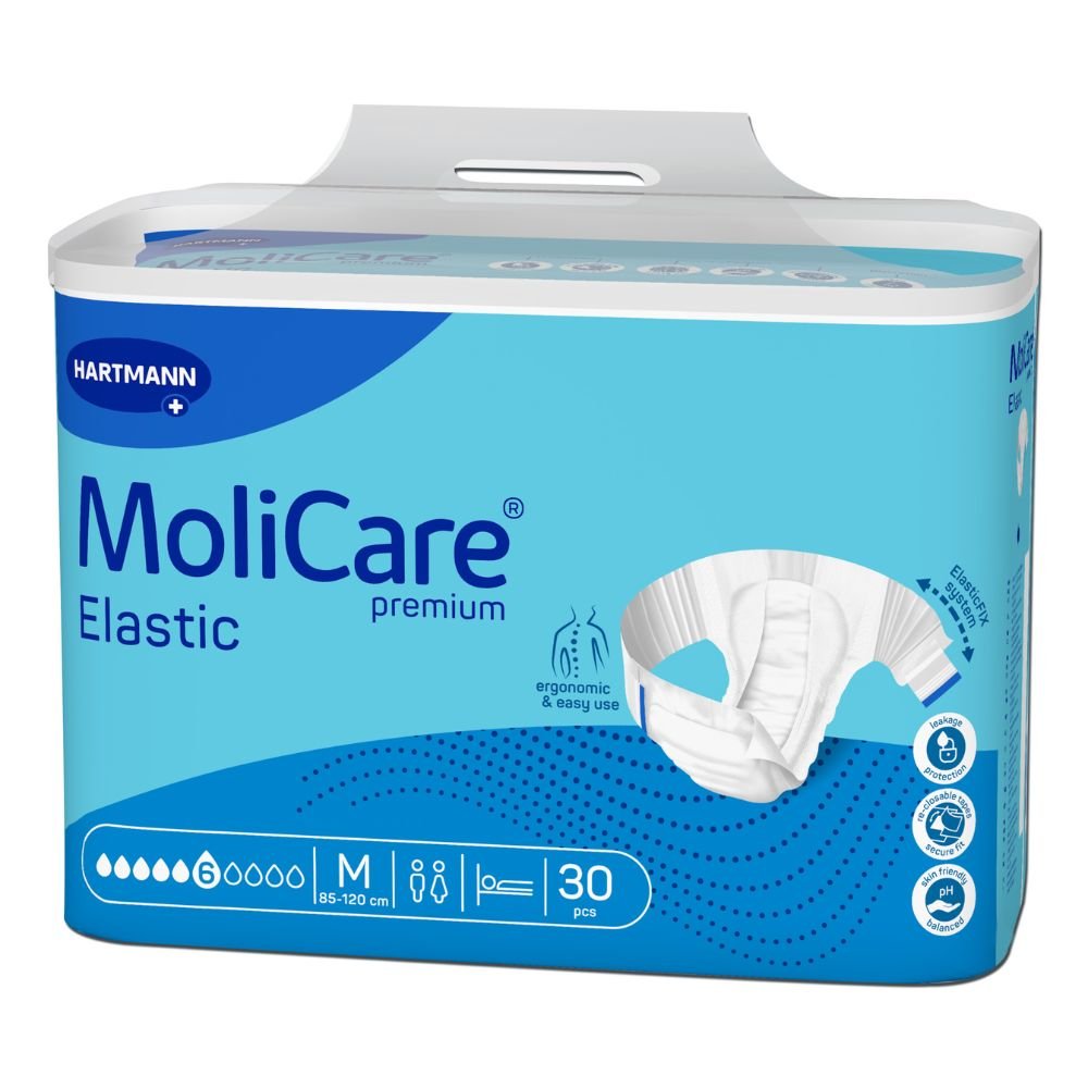 Μια συσκευασία πανών για ενήλικες Hartmann MoliCare® Premium Elastic της Paul Hartmann AG διατίθεται σε μπλε-λευκή συσκευασία με το λογότυπό της. Προσφέρει ανακούφιση σε περιπτώσεις ακράτειας ούρων και κοπράνων, διατίθεται σε μέγεθος Medium για περίμετρο μέσης 85-120 cm, περιλαμβάνει 30 τεμάχια και φέρει εργονομικά και φιλικά προς τον χρήστη σύμβολα.