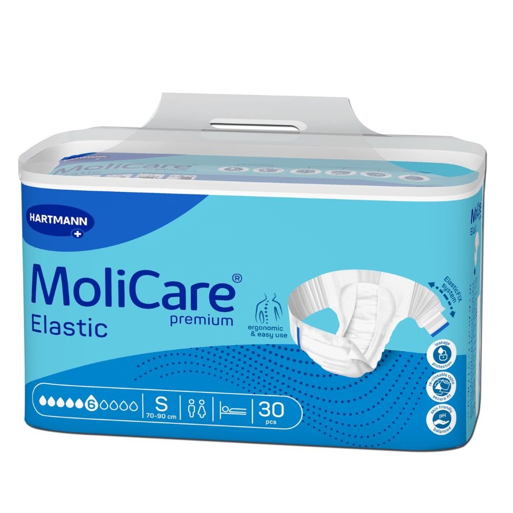 Συσκευασία Hartmann MoliCare® Premium Elastic, 6 σλιπ με στάγδην για ακράτεια ούρων και κοπράνων από την Paul Hartmann AG, μέγεθος S, κατάλληλο για περίμετρο μέσης 70-90 εκ. Περιλαμβάνει 30 σλιπ με εργονομικό σχεδιασμό και εύχρηστα σύμβολα σε μπλε-λευκό χρωματικό συνδυασμό, καθώς και μια εικόνα ενός σλιπ.