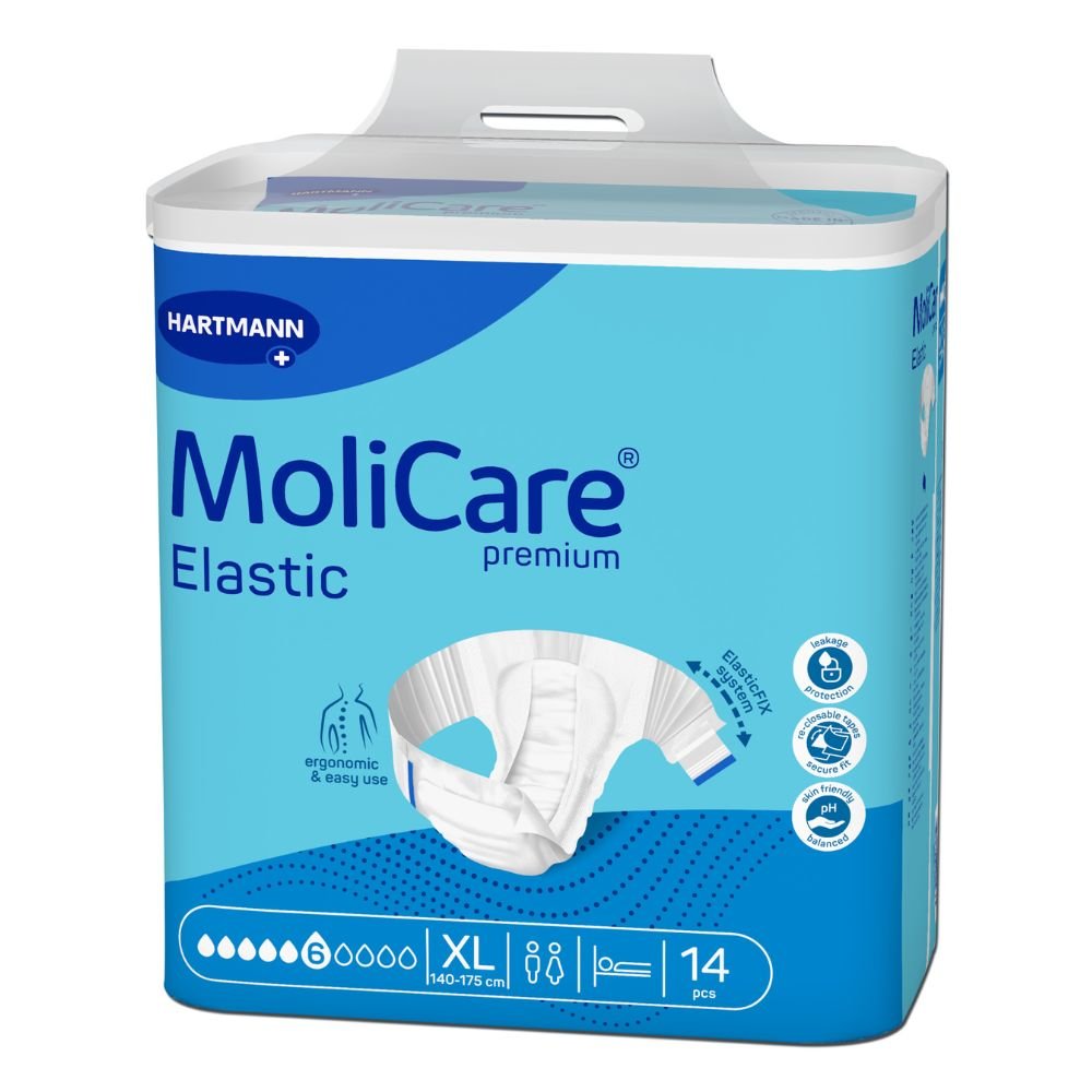 Οι πάνες για ενήλικες Hartmann MoliCare Premium Elastic σε μέγεθος XL έχουν μπλε-λευκή συσκευασία με την εικόνα του επιθέματος ακράτειας. Περιέχουν 14 τεμάχια για περίμετρο μέσης 140-175 εκ., φέρουν ευδιάκριτα το όνομα της μάρκας Paul Hartmann AG και προσφέρουν άνεση σε περιπτώσεις ακράτειας ούρων και κοπράνων.