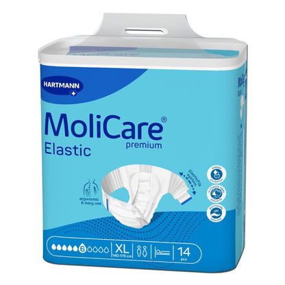 Οι πάνες για ενήλικες Hartmann MoliCare Premium Elastic σε μέγεθος XL έχουν μπλε-λευκή συσκευασία με την εικόνα του επιθέματος ακράτειας. Περιέχουν 14 τεμάχια για περίμετρο μέσης 140-175 εκ., φέρουν ευδιάκριτα το όνομα της μάρκας Paul Hartmann AG και προσφέρουν άνεση σε περιπτώσεις ακράτειας ούρων και κοπράνων.