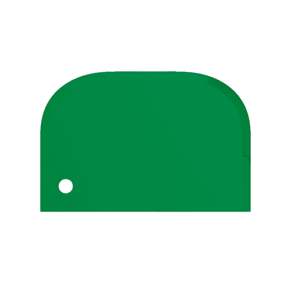 Ένα απλό πράσινο περίγραμμα μιας κορώνας με στρογγυλεμένη κορυφή και μια μικρή κυκλική εγκοπή στην αριστερή πλευρά, που αποτυπώνει το πνεύμα του σχεδιασμού συμβατότητας τροφίμων, παρόμοιο με τον Haug Schaber klein 15 x 10 cm από Haug Bürsten KG.