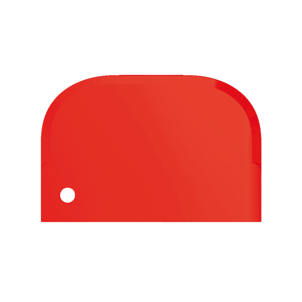 Ένα φωτεινό κόκκινο αντικείμενο με στρογγυλεμένες άκρες και γυαλιστερή επιφάνεια, που θυμίζει τον Haug Schaber klein 15 x 10 cm από Haug Bürsten KG. Διαθέτει μια μικρή στρογγυλή τρύπα στην κάτω αριστερή γωνία και εμφανίζεται σε απλό λευκό φόντο.