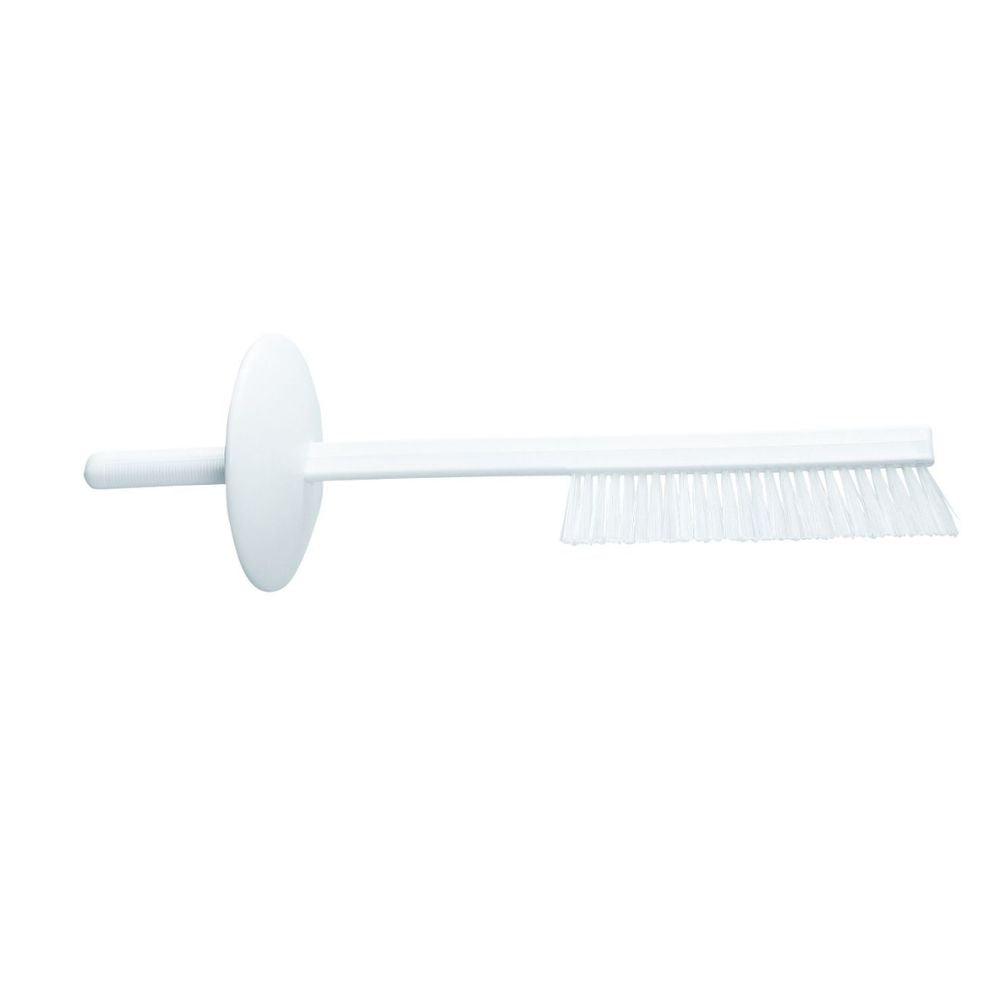 Μια βούρτσα κοπής Haug με προστατευτική ασπίδα από την Haug Bürsten KG με στρογγυλή λαβή και μακριές τρίχες απεικονίζεται σε λευκό φόντο. Η στρογγυλή προστατευτική της ασπίδα κοντά στη λαβή προσφέρει επιπλέον προστασία.