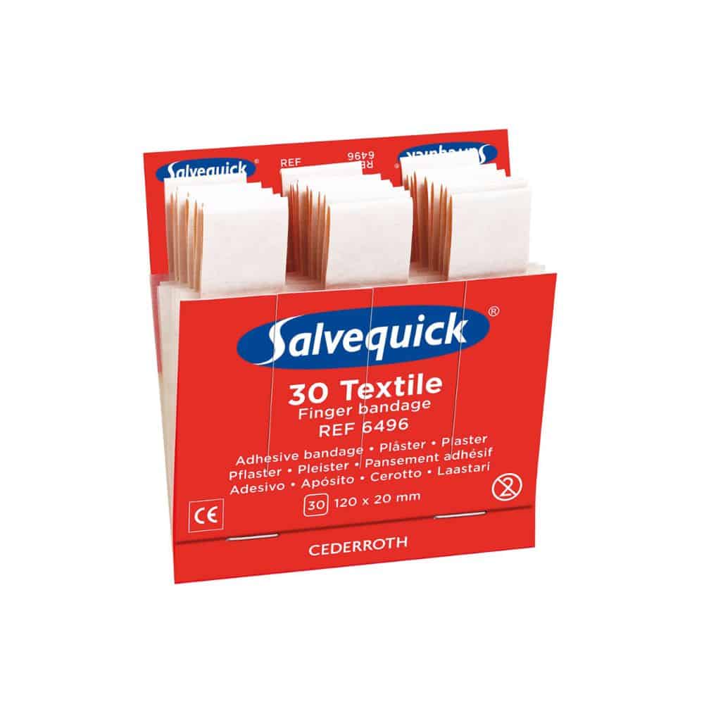 Ένα ανοιγμένο Holthaus Medical Salvequick® Nachfülleinsatz-Box περιέχει 30 υφασμάτινους επιδέσμους δακτύλων (120 x 20 mm) για το διανομέα επιδέσμων. Οι πληροφορίες προϊόντος και τα λογότυπα είναι ορατά. Μάρκα: Holthaus Medical GmbH & Co. KG.