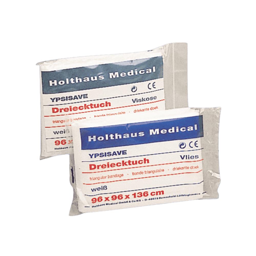 Δύο πακέτα Holthaus Medical YPSISAVE τριγωνικό μαντήλι από την Holthaus Medical GmbH & Co. KG. Οι λευκοί επίδεσμοι, ιδανικοί ως ανάρτηση χεριού ή για γενική στερέωση, διατίθενται σε μεγέθη 96 x 96 x 136 cm. Κάθε πακέτο περιέχει πολυγλωσσικό κείμενο και ιατρικά σύμβολα.