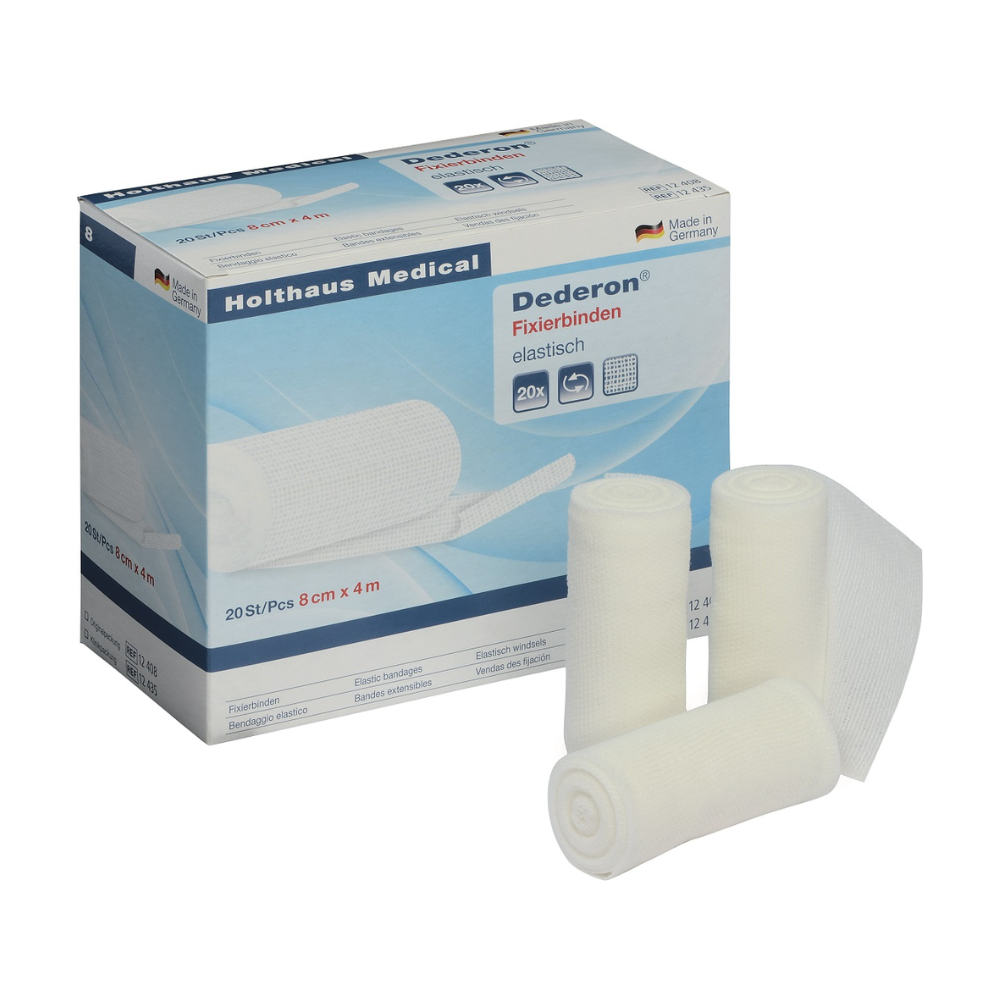 Η εικόνα δείχνει ένα κουτί Holthaus Dederon® Fixierbinde από την Holthaus Medical GmbH & Co. KG. Το κουτί περιέχει μια απεικόνιση των επιδέσμων και λεπτομέρειες για αυτό το ιατρικό προϊόν, συμπεριλαμβανομένου ότι περιέχει 20 κομμάτια με διαστάσεις 8 cm x 4 m. Μπροστά από το κουτί απεικονίζονται τρεις τυλιγμένοι επίδεσμοι.