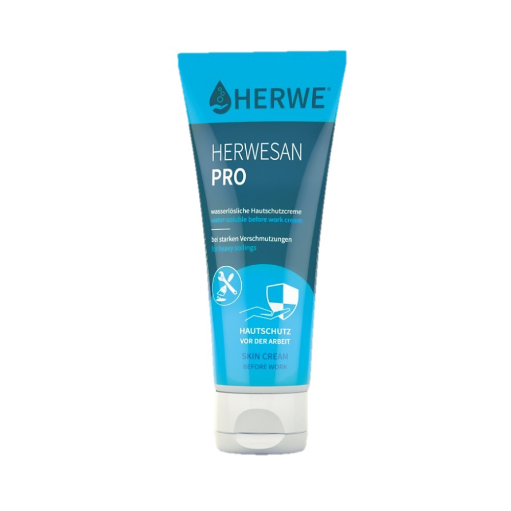 Ένα σωληνάριο 100 ml Holthaus Herwesan Pro Hautschutzsalbe από την Holthaus Medical GmbH & Co. KG με μπλε και λευκή ετικέτα και γερμανικό κείμενο όπως «Προστασία του δέρματος πριν από την εργασία». Η υδατοδιαλυτή κρέμα προστασίας του δέρματος στέκεται όρθια με το καπάκι στο κάτω μέρος.
