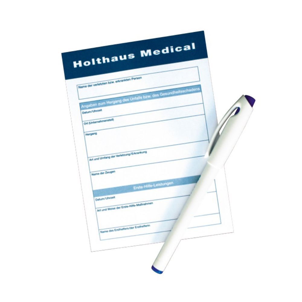 Το μπλοκ αναφοράς Holthaus Medical της Holthaus Medical GmbH & Co. KG περιέχει τα σημαντικά τμήματα για προσωπικά δεδομένα και ιατρικά περιστατικά που είναι απαραίτητα για μια ακριβή τεκμηρίωση. Στη φόρμα υπάρχει ένα στυλό πάνω σε ένα απλό λευκό φόντο.