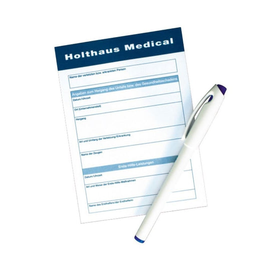 Το έντυπο αναφοράς της Holthaus Medical GmbH & Co. KG περιλαμβάνει τις ενότητες που είναι απαραίτητες για την ακριβή τεκμηρίωση, όπως τα προσωπικά στοιχεία και τα ιατρικά περιστατικά. Στο έντυπο απεικονίζεται ένα στυλό πάνω σε ένα απλό λευκό φόντο.