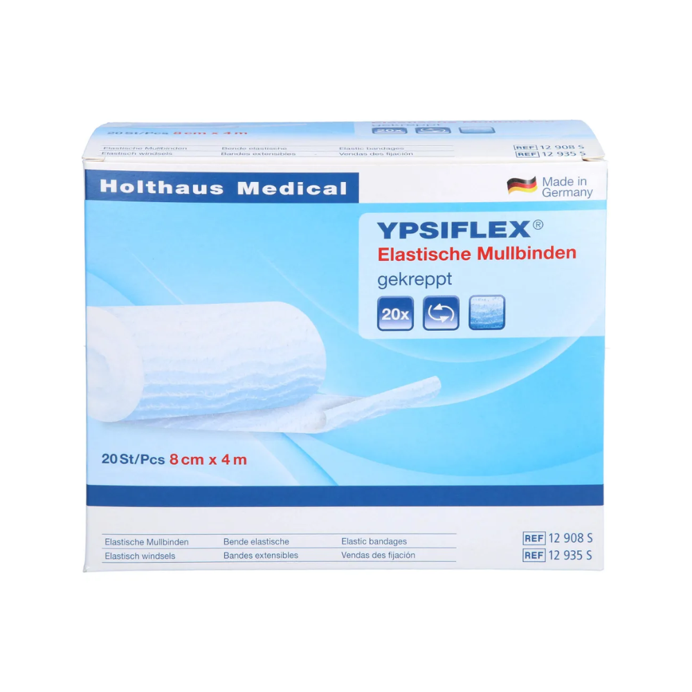 Ένα μπλε-λευκό κουτί Holthaus Ypsiflex® Ελαστικός επίδεσμος γάζας από την Holthaus Medical GmbH & Co. KG, χαρακτηρισμένο ως *νοσοκομειακή συσκευασία*. Η συσκευασία αναφέρει ότι περιέχει 20 τεμάχια, καθένα από τα οποία έχει διαστάσεις 8 cm x 4 m. Το κείμενο είναι πολύγλωσσο και το προϊόν κατασκευάζεται στη Γερμανία. Ιδανικό για *στερέωση επιδέσμων τραυμάτων*.
