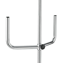 Eine Nahaufnahme des Novocal Infusionspumpenhalters für Pumpen zeigt seinen stabilen Metallständer mit einer zentralen Stange und zwei U-förmigen horizontalen Armen, die jeweils mit einer schwarzen Kappe versehen sind - perfekt für die Befestigung von Infusionspumpen.