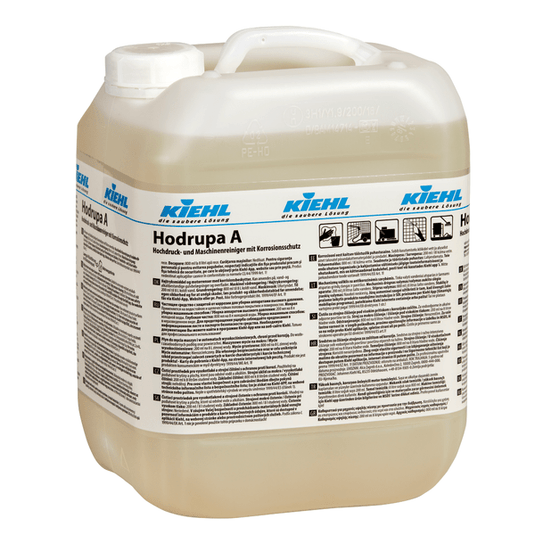 Το Kiehl Hodrupa A, ένα καθαριστικό υψηλής πίεσης και μηχανών με αντιδιαβρωτική προστασία της Johannes Kiehl KG, διατίθεται σε ημιδιαφανές πλαστικό δοχείο με λευκό καπάκι και είναι κατάλληλο για χρήση σε συστήματα καθαρισμού υψηλής πίεσης. Η πολύγλωσση ετικέτα παρέχει πληροφορίες σχετικά με τη χρήση και τις ιδιότητές του.