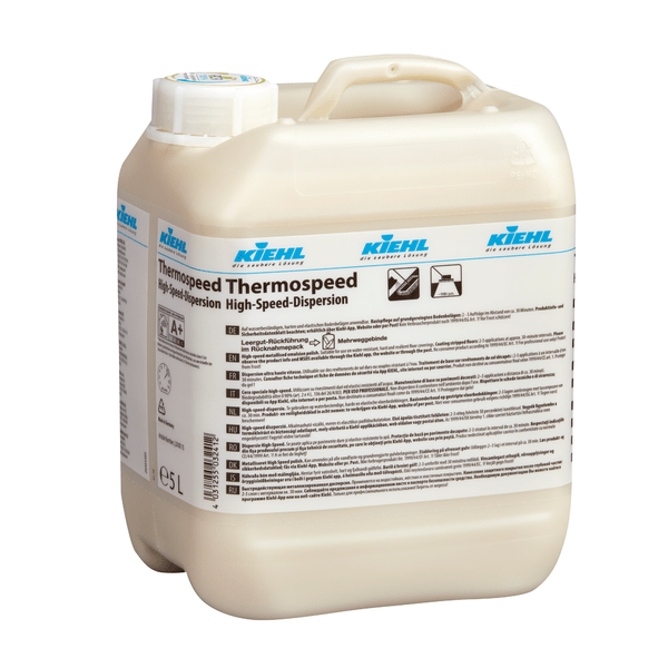 Ένα μπεζ πλαστικό δοχείο 5 λίτρων του καθαριστικού δαπέδου υψηλής ταχύτητας διάχυσης Thermospeed της Johannes Kiehl KG, με λαβή και πολυγλωσσική ετικέτα. Πωλείται ως κουτί (2 φιάλες), όνομα προϊόντος: Kiehl Thermospeed Υψηλής Ταχύτητας Διάχυση 5 L.