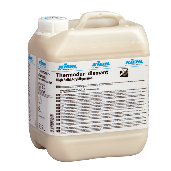 Μια 5-λίτρων Johannes Kiehl KG Thermodur-diamant High-Solid-Acryldispersion (Κουτί, 2 φιάλες) με υψηλή καλυπτικότητα και λεπτομερείς πολυγλωσσικές ετικέτες στο πλάι.