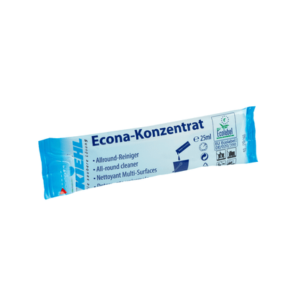 Μια μπλε-λευκή συσκευασία 25 ml "Kiehl Econa-Konzentrat Allround-Reiniger" της Johannes Kiehl KG με πολυγλωσσικό κείμενο, σύμβολα καθαρισμού και το ευρωπαϊκό οικολογικό σήμα.