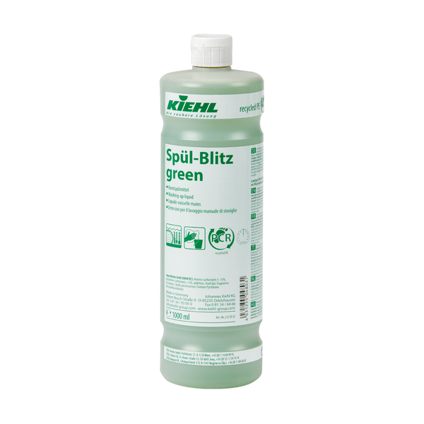 Ένα μπουκάλι 1000 ml της Johannes Kiehl KG Kiehl Spül-Blitz πράσινο υγρό πιάτων με λευκό καπάκι, πράσινη ετικέτα με πολυγλωσσικό κείμενο και σύμβολα ανακύκλωσης· περιέχει ανοιχτό πράσινο, βιοδιασπώμενο υγρό.