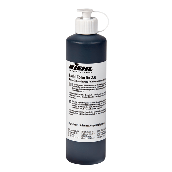 Το Johannes Kiehl KG Kiehl-Colorfix 2.0 Farbkonzentrat σε ένα πλαστικό μπουκάλι με αντλία και λευκή ετικέτα με μαύρη και γκρι γραφή περιέχει σκούρο υγρό για μακροχρόνια αποτελέσματα χρώματος.