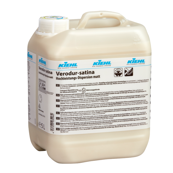 Ένα κουτί 5 λίτρων (2 μπουκάλια) Kiehl Verodur-satina υψηλής απόδοσης διασπορά, ματ, από την Johannes Kiehl KG, με λευκά καπάκια και γερμανικές ετικέτες με οδηγίες χρήσης και ασφάλειας.