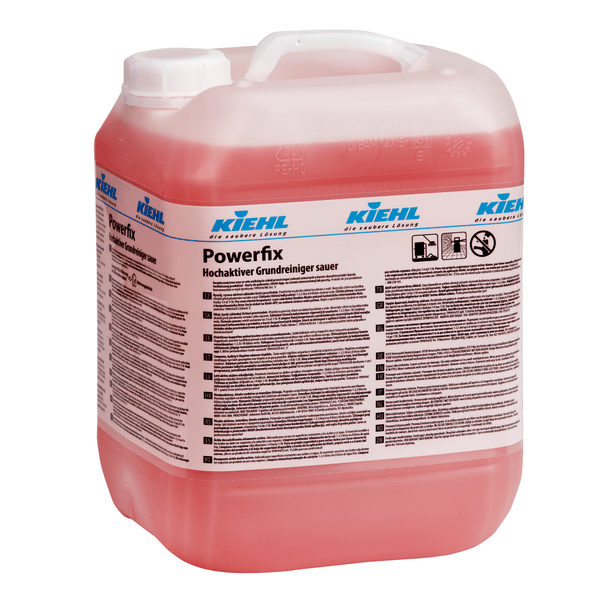 Ένα μεγάλο, διαφανές πλαστικό δοχείο με λαβή, γεμάτο με κόκκινο υγρό. Ετικέτα: "Kiehl Powerfix Υψηλής δραστικότητας βασικό καθαριστικό, όξινο" της Johannes Kiehl KG; για επαγγελματικό καθαρισμό και αφαλάτωση, με σύμβολα ασφαλείας και οδηγίες χρήσης.