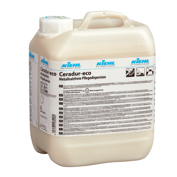 Ένα μπουκάλι 5 λίτρων Kiehl Ceradur-eco μεταλλοαλάτων χωρίς διάλυμα φροντίδας της Johannes Kiehl KG, με λευκό καπάκι και λεπτομερής γερμανική ετικέτα, διαθέσιμο σε κουτί με 2 μπουκάλια.
